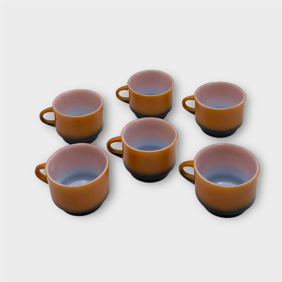 Vintage 60s Fire King Orange and Black Ombré Milk Glass Stackable Mugs set of 6 - Picture 3 of 15